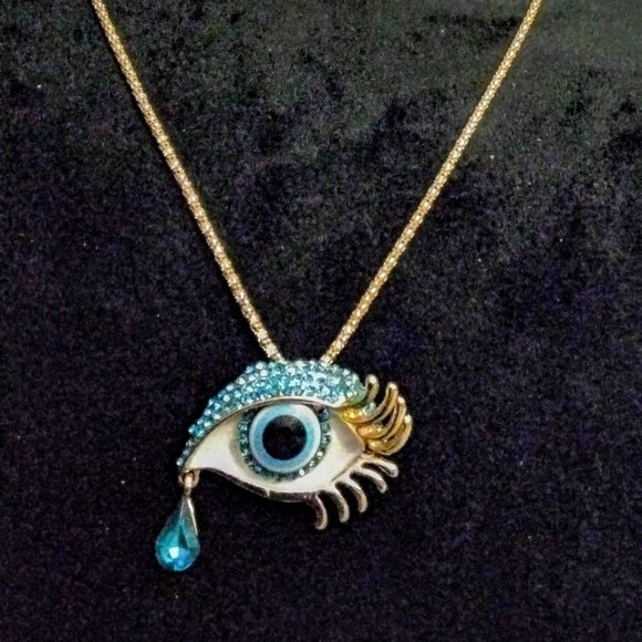 Salvatore Dali Eye Time Blue Rhinestone & Enamel Evil Eye Art Pendant & Necklace - Picture 7 of 13